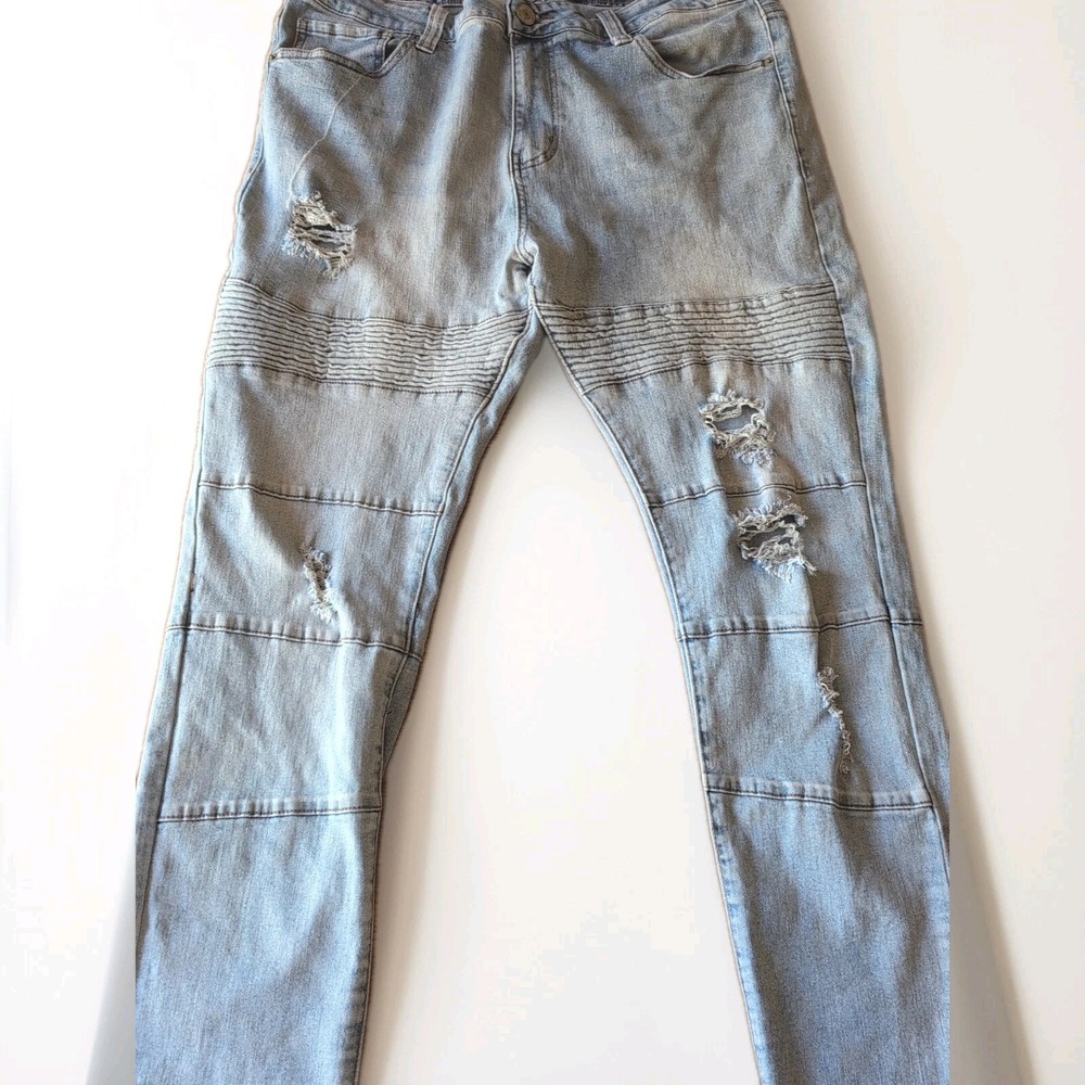 Smoke & Ash Distressed Grunge Blue Jeans Mens Skinny Premium Denim Sz 38x32 EUC